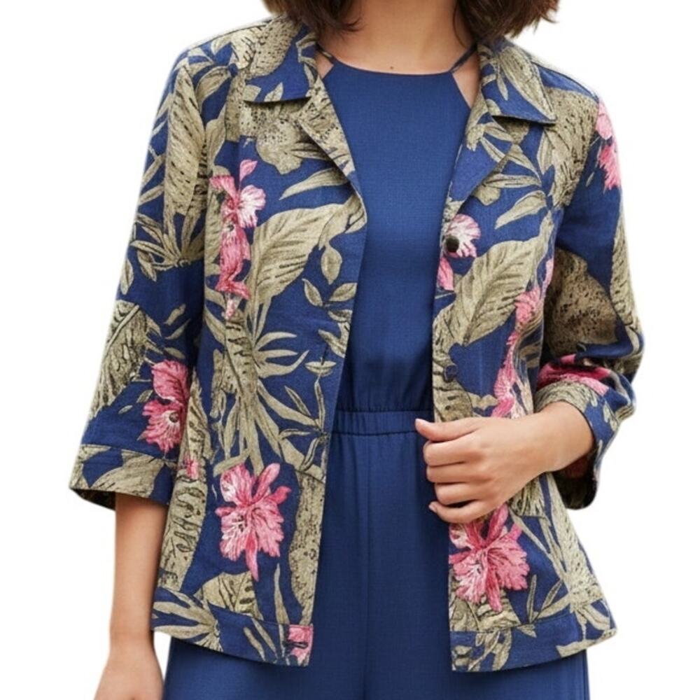 Chicos Tropical Linen Button Top Size 2 (Womens Large) Hawaiian Topper Jacket
